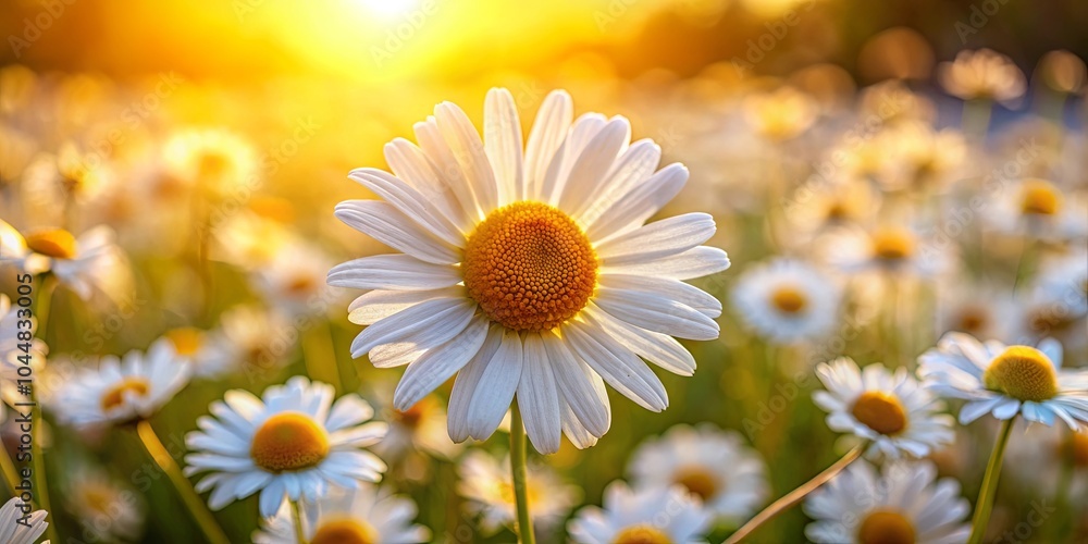 Naklejka premium A single daisy blooms brightly in the golden light of the setting sun, surrounded by a field of its companions, each petal delicately catching the rays of the sun.
