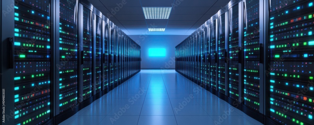 A futuristic data center with rows of servers lit by colorful LEDs providing an advanced technological atmosphere. A futuristic data center with rows of servers lit by colorful LEDs providing an advanced technological atmosphere.