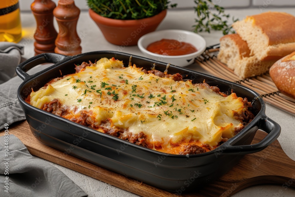 A dish of escondidinho de carne, a layered casserole with shredded beef and creamy mashed cassava, topped with melted cheese A dish of escondidinho de carne, a layered casserole with shredded beef and creamy mashed cassava, topped with melted cheese