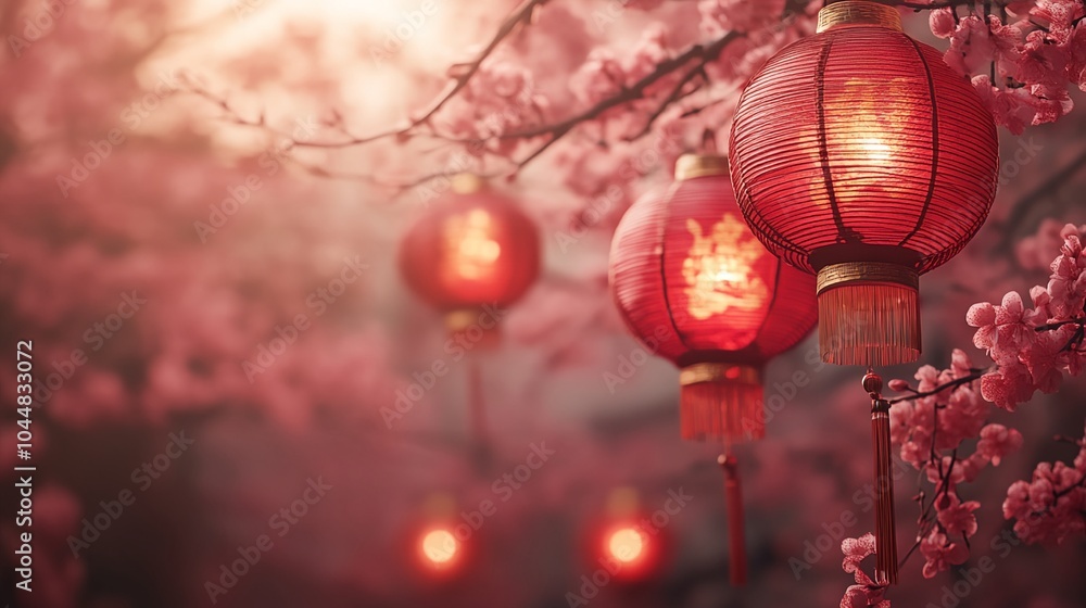 Three red lanterns hanging from a tree with pink blossoms Three red lanterns hanging from a tree with pink blossoms