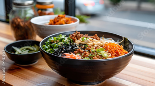 Freshly prepared noodles with colorful toppings, including vegetables and herbs, served in large bowl. vibrant dish is perfect for satisfying meal