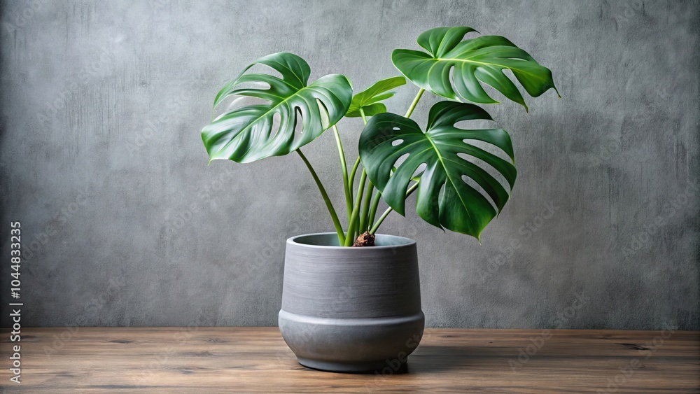 Fototapeta premium A lush green plant with large leaves in a gray pot sits on a wooden surface against a textured gray backdrop.