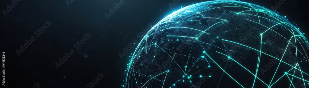 Naklejka premium A futuristic globe interconnected with digital lines, symbolizing global communication and technology advancements.