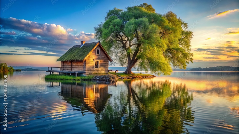 A Tranquil Cabin Nestled on a Tiny Island Amidst a Serene Lake, Bathed in the Golden Light of a Sunset