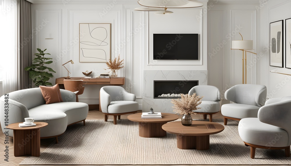 Stylish modern furniture arrangement for a cozy living room, showcasing a comfortable couch, chair, sleek desk, and contemporary TV setup Stylish modern furniture arrangement for a cozy living room, showcasing a comfortable couch, chair, sleek desk, and contemporary TV setup