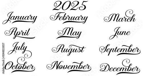 Handwritten month names vector set, Calendar months set 2025, Calendar template December, January, February, March, April, May, June, July, August