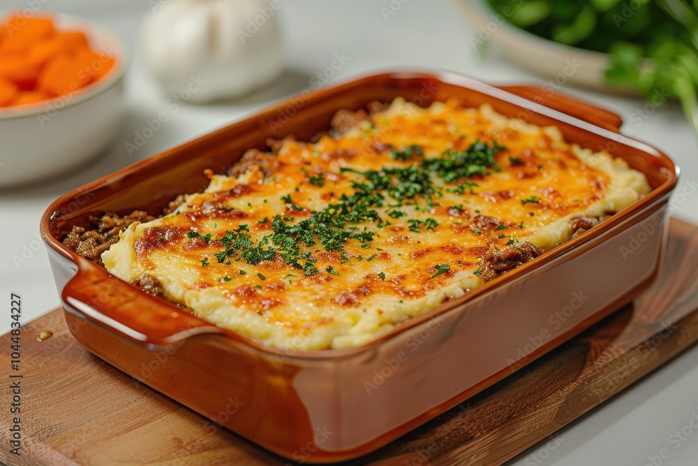 A dish of escondidinho de carne, a layered casserole with shredded beef and creamy mashed cassava, topped with melted cheese A dish of escondidinho de carne, a layered casserole with shredded beef and creamy mashed cassava, topped with melted cheese