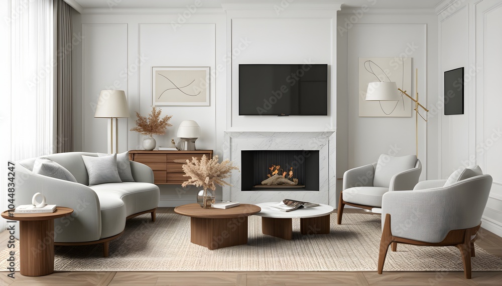 Fototapeta premium Stylish modern furniture arrangement for a cozy living room, showcasing a comfortable couch, chair, sleek desk, and contemporary TV setup