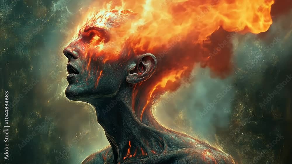 A striking depiction of a figure with flames emerging from their head, symbolizing raw emotion and explosive creativity in a captivating artistic style A striking depiction of a figure with flames emerging from their head, symbolizing raw emotion and explosive creativity in a captivating artistic style
