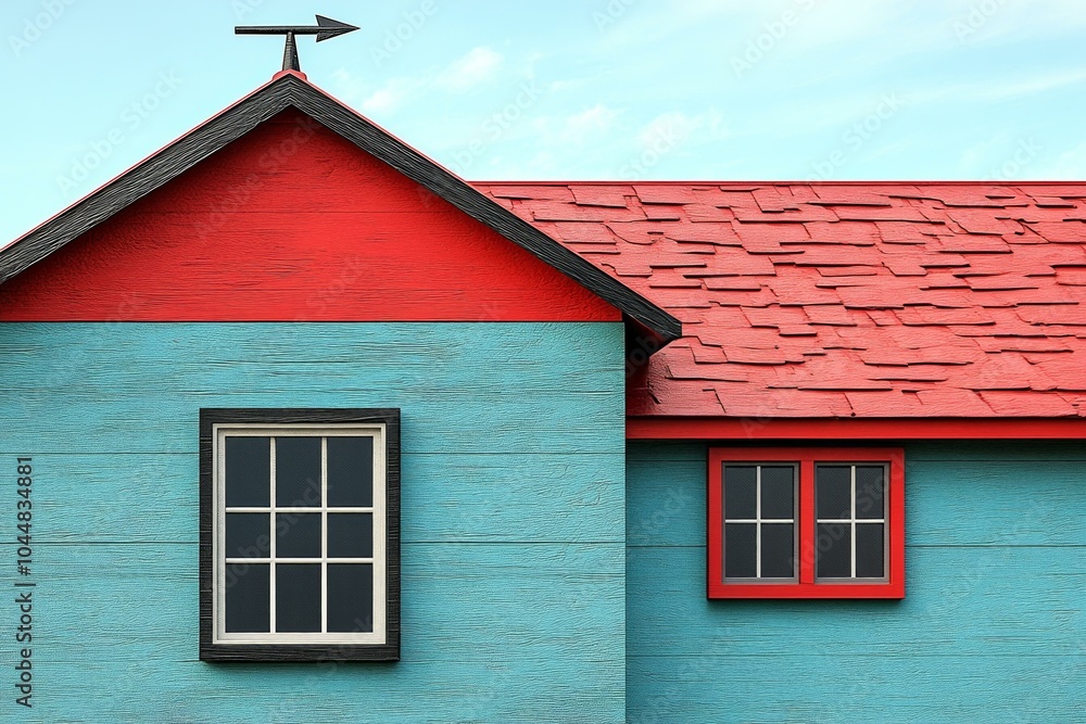 Colorful Barn with Red Roof, Blue Walls and White Windows Colorful Barn with Red Roof, Blue Walls and White Windows