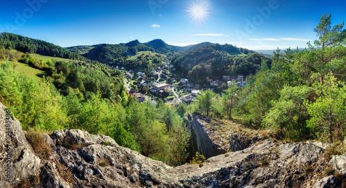 Summer landscape with village, Slovakia - panorama with sun, Hricovske Podhradie photo