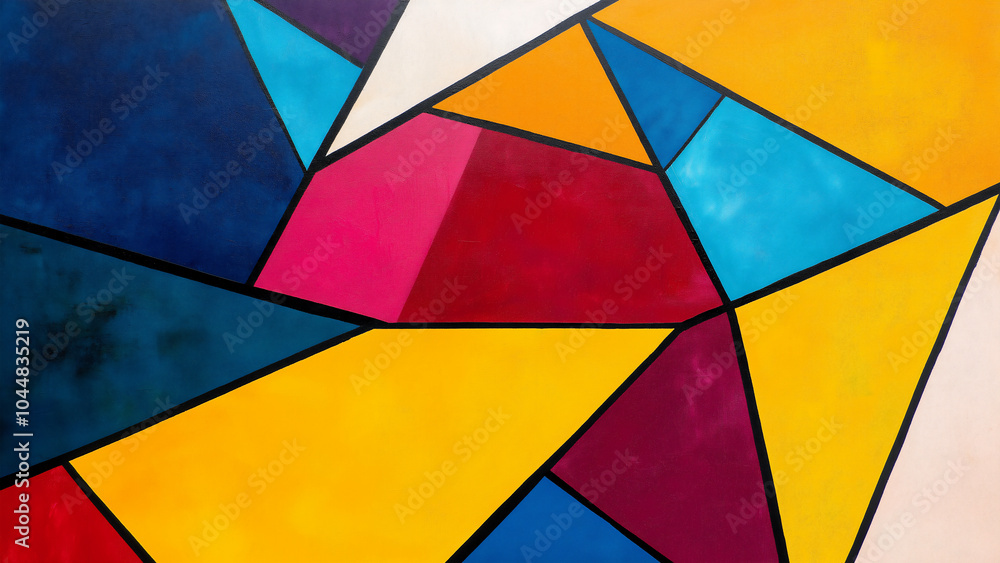 Stained glass-style, vibrant colors, geometric abstraction of triangles and lines, simple shapes, bright colors. Stained glass-style, vibrant colors, geometric abstraction of triangles and lines, simple shapes, bright colors.