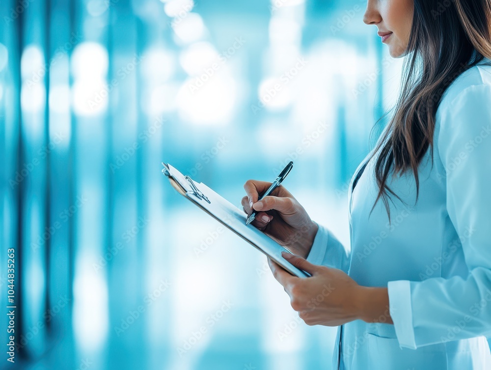A healthcare professional writing notes on a clipboard in a modern medical facility, emphasizing productivity and focus. A healthcare professional writing notes on a clipboard in a modern medical facility, emphasizing productivity and focus.