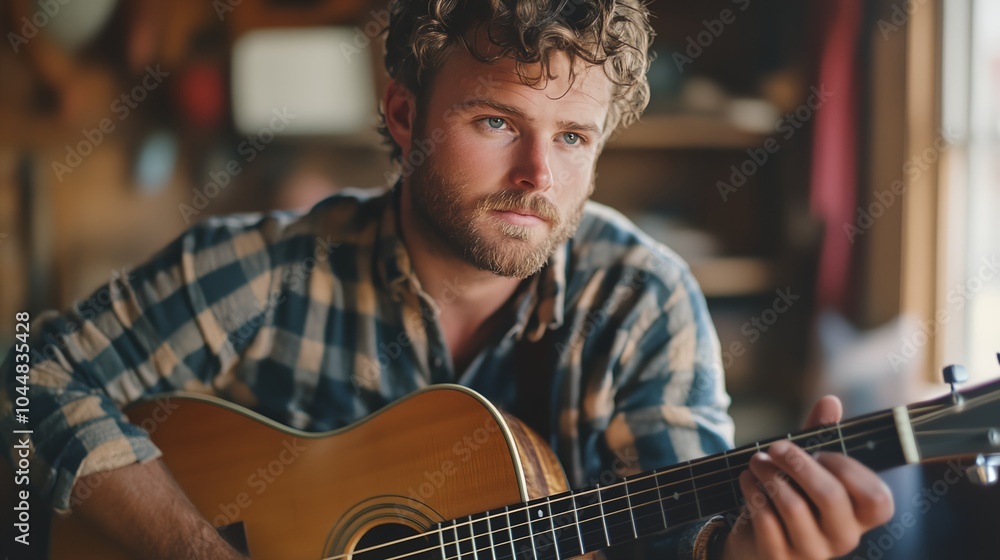 Fototapeta premium a man with a beard playing a guitar in a room with a window and a table in the background