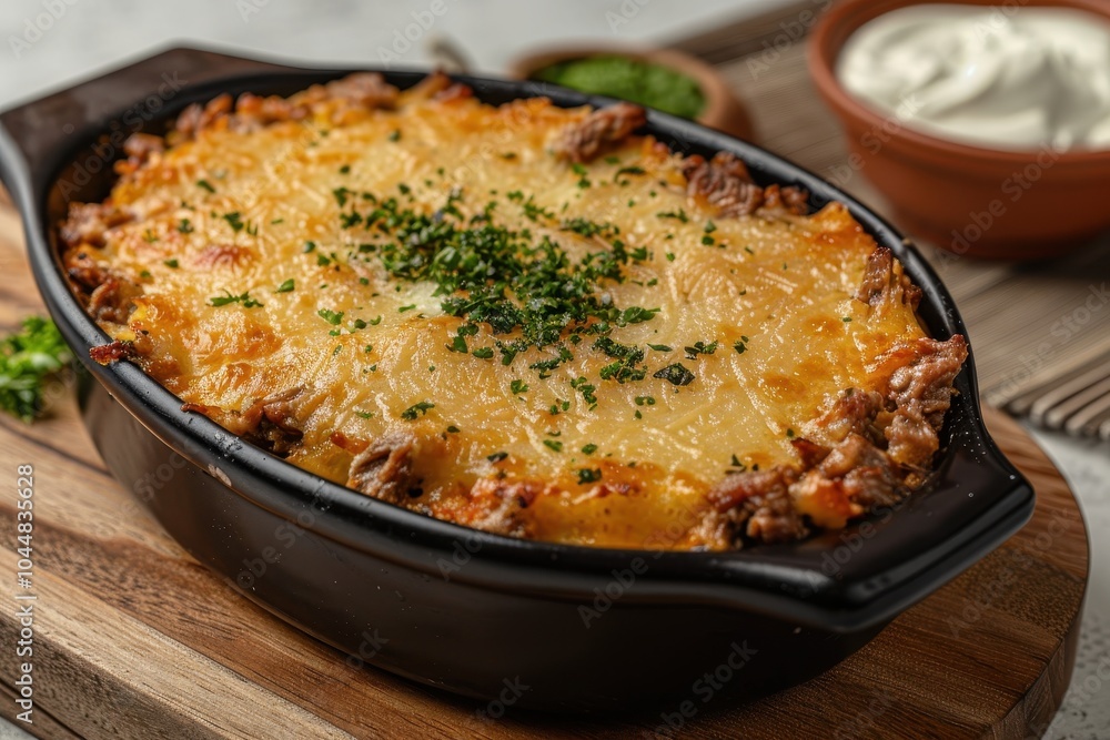 A dish of escondidinho de carne, a layered casserole with shredded beef and creamy mashed cassava, topped with melted cheese A dish of escondidinho de carne, a layered casserole with shredded beef and creamy mashed cassava, topped with melted cheese