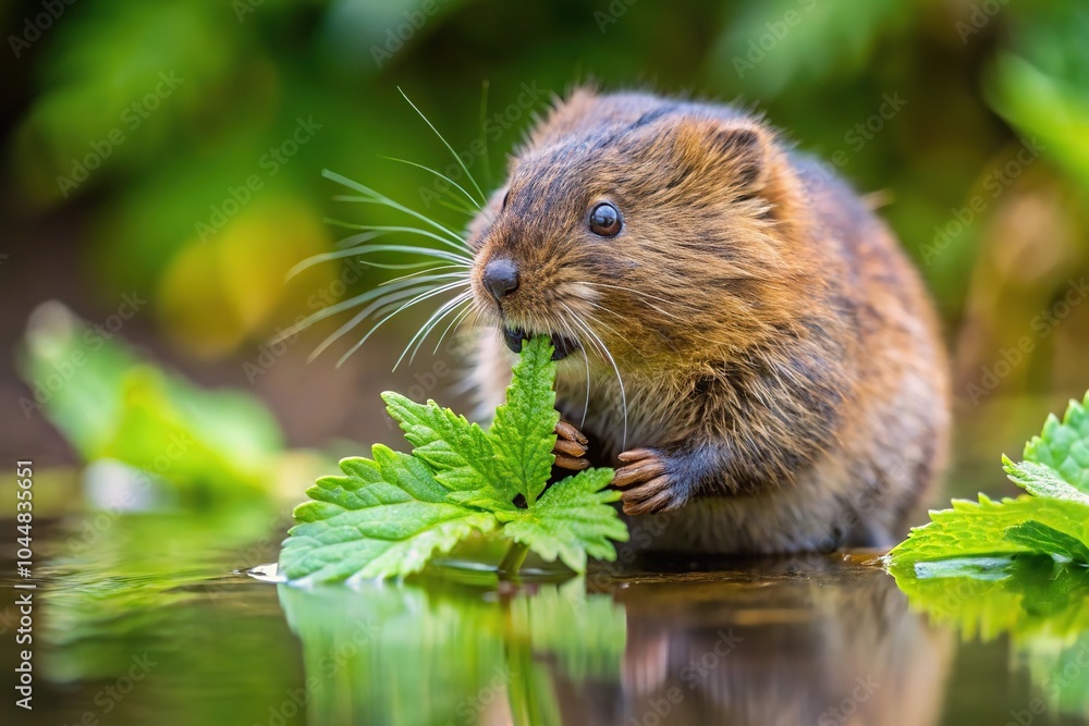 Water vole feeding on stinging nettle leaves at stream edge, extreme close-up Water vole feeding on stinging nettle leaves at stream edge, extreme close-up