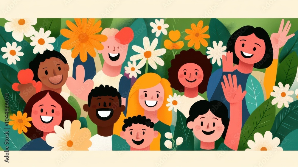A lively illustration of diverse friends smiling and enjoying a vibrant garden full of flowers, symbolizing joy and community. A lively illustration of diverse friends smiling and enjoying a vibrant garden full of flowers, symbolizing joy and community.