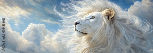 A majestic white lion stands tall against the backdrop of distant mountains, its flowing mane resembling swirling smoke