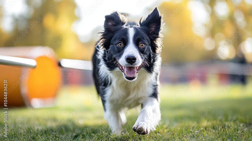Border collie racing through an agility course, bright outdoor light, ultrarealistic detail of fur, equipment, and the thrill of playful activity Border collie racing through an agility course, bright outdoor light, ultrarealistic detail of fur, equipment, and the thrill of playful activity