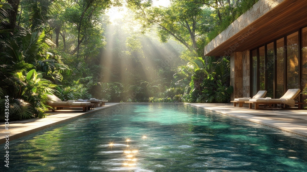 Serene pool surrounded by lush greenery and sunlight.