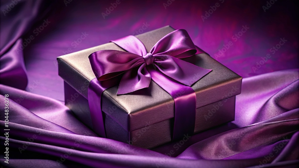 A Luxurious Gift Wrapped in a Purple Bow Rests Gracefully on a Shimmering Satin Fabric A Luxurious Gift Wrapped in a Purple Bow Rests Gracefully on a Shimmering Satin Fabric