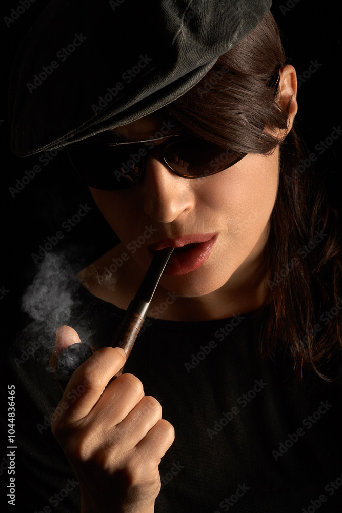 Obraz premium Woman smoking a vintage wooden pipe