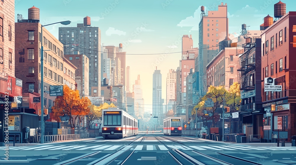 Fototapeta premium a painting of a city street with a train on the tracks and buildings in the background