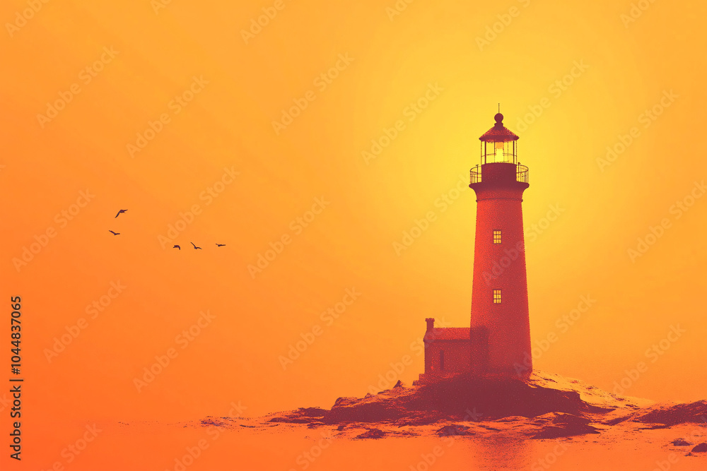 Silhouette of a lighthouse on rocks against a vibrant orange sunset sky symbolizing hope guidance and tranquility with birds flying nearby
Silhouette of a lighthouse on rocks against a vibrant orange sunset sky symbolizing hope guidance and tranquility with birds flying nearby