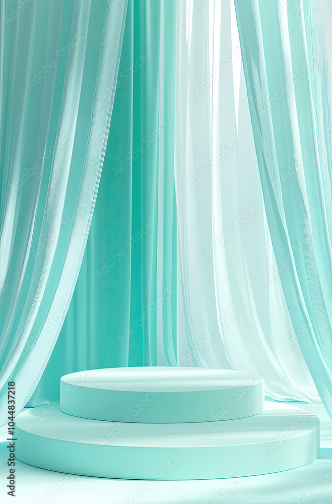 3D Rendered Podium Dressed in Soft Aqua Drapes 3D Rendered Podium Dressed in Soft Aqua Drapes