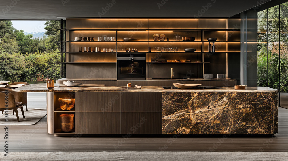 Luxury kitchen with marble island, open shelving, and panoramic garden views. Luxury kitchen with marble island, open shelving, and panoramic garden views.