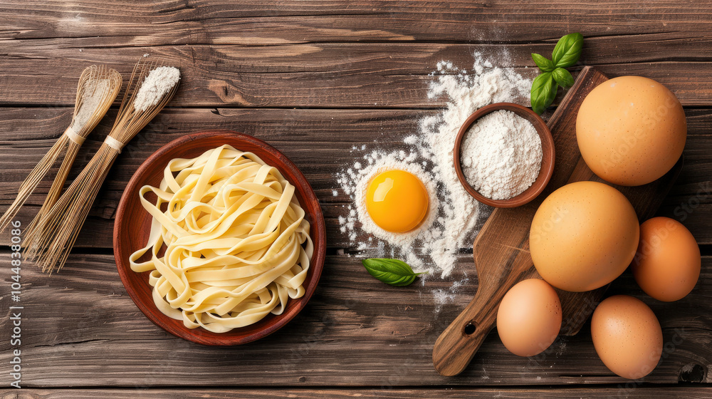 Fresh pasta ingredients including eggs, flour, and basil are beautifully arranged on wooden table, showcasing art of handmade noodles Fresh pasta ingredients including eggs, flour, and basil are beautifully arranged on wooden table, showcasing art of handmade noodles
