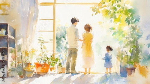 light watercolour, family, bright, white background, few details, dreamy