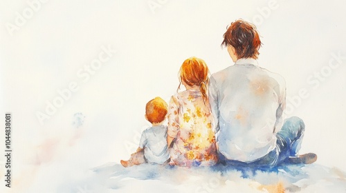 light watercolour, family, bright, white background, few details, dreamy