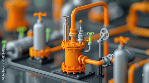 Innovative orange industrial equipment with valves and pipes, showcasing advanced technology in modern facility. This highlights intricate design and functionality of machinery