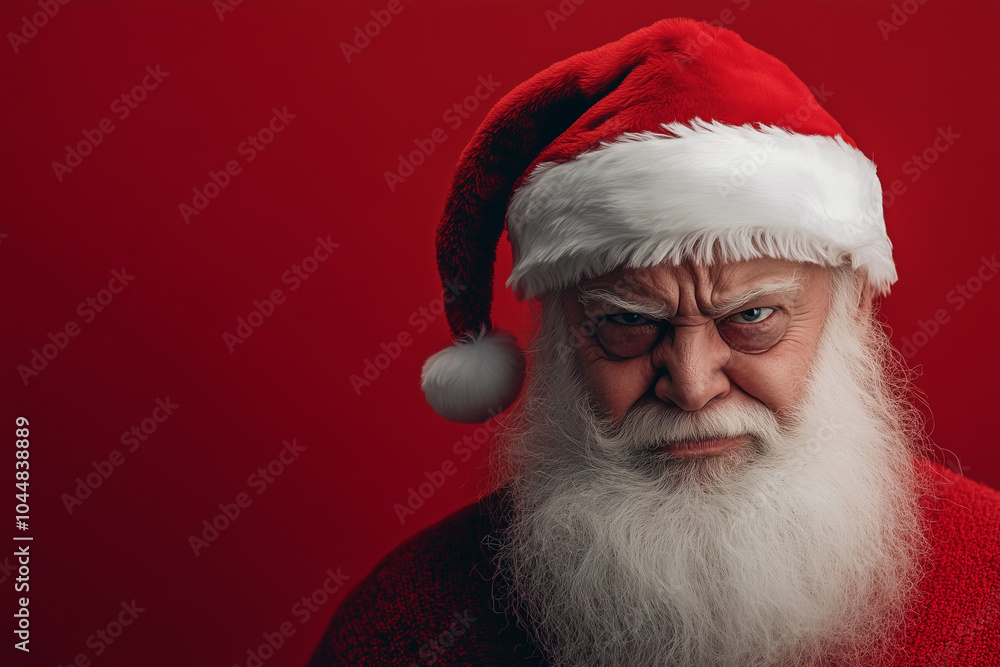 red background with a man wearing a Santa hat and a red beard. The man is angry and has an evil look on his face red background with a man wearing a Santa hat and a red beard. The man is angry and has an evil look on his face