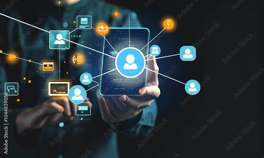 A person holding a smartphone displaying digital icons and data. A person holding a smartphone displaying digital icons and data.