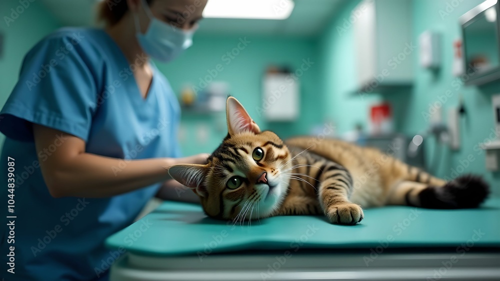 A cat lies on a table in a veterinarian's office as a veterinarian carefully examines her in a well-lit operating room. A cat lies on a table in a veterinarian's office as a veterinarian carefully examines her in a well-lit operating room.