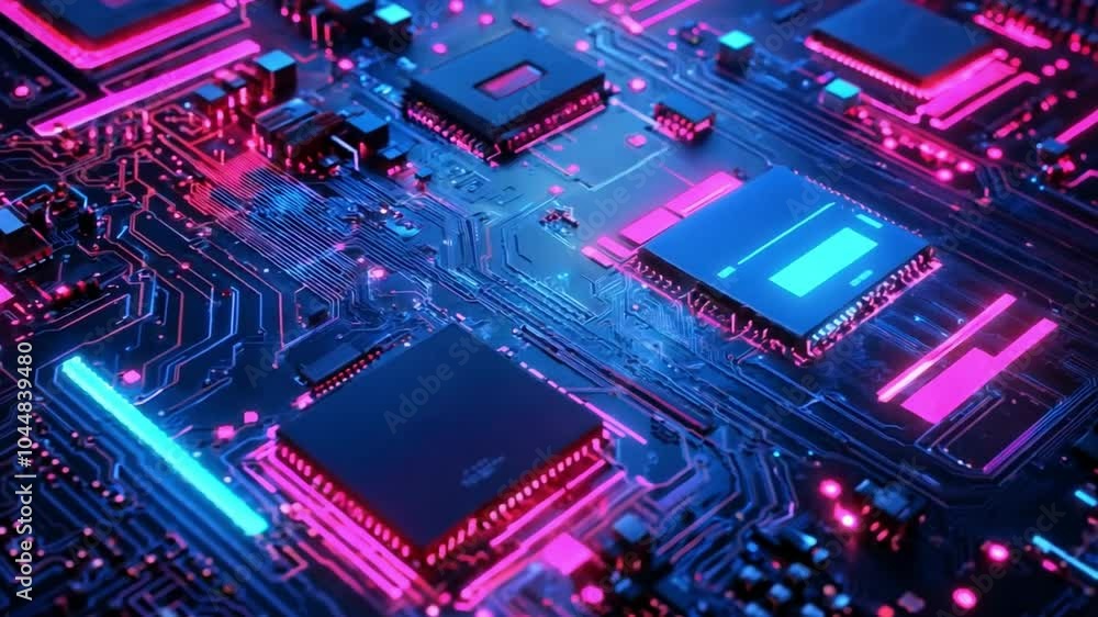 Close-up view of colorful circuit board with glowing microchips and intricate wiring under neon lights Close-up view of colorful circuit board with glowing microchips and intricate wiring under neon lights