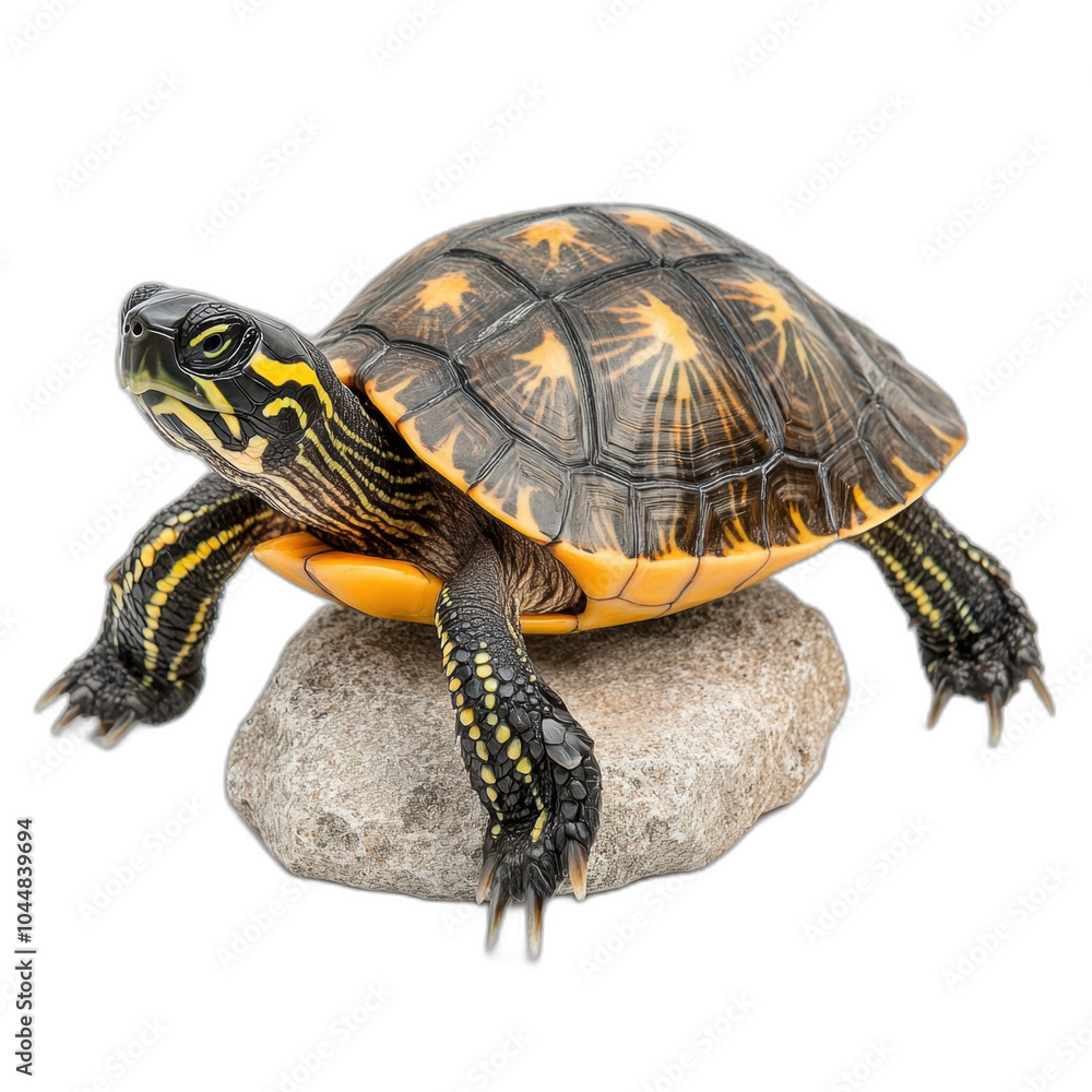 Obraz premium Yellow bellied slider turtle on rock isolated transparent background