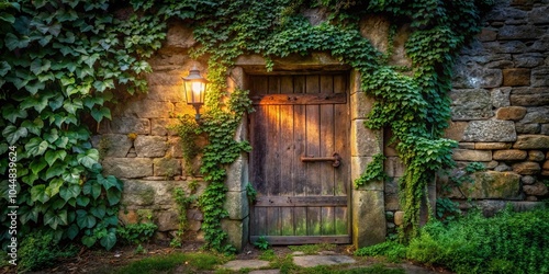 A Glimmer of Light Illuminates a Rustic Wooden Door Set Within a Stone Wall Cloaked in Verdant Vines