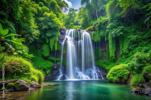 Silhouette waterfall flowing through vibrant green foliage