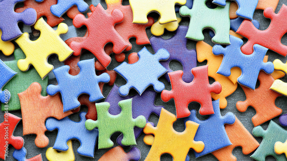 Close-up of colorful puzzle pieces scattered across a surface. AI-generated Close-up of colorful puzzle pieces scattered across a surface. AI-generated