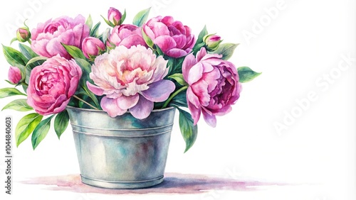 Watercolor bucket with blooming peonies flowers