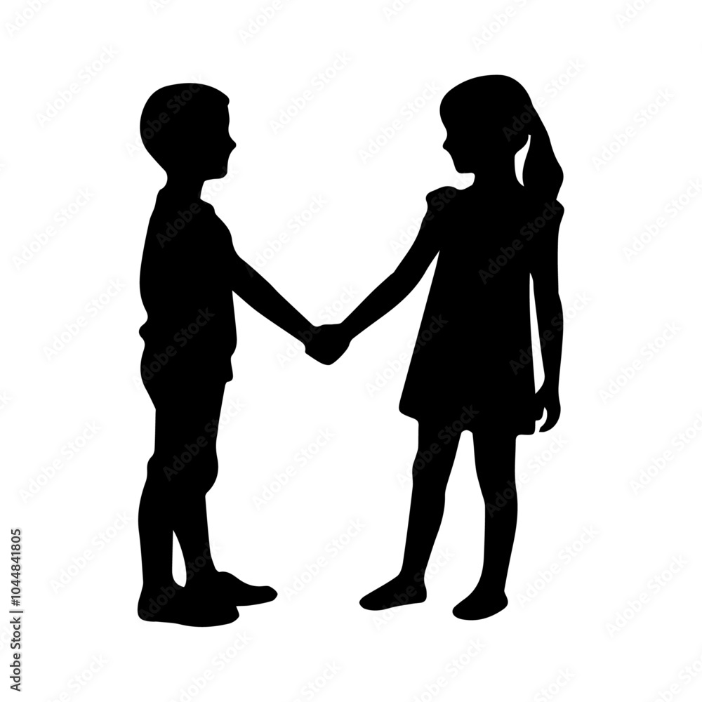 Silhouettes of little boy and girl greeting each other on transparent background, child, children, holding hands Silhouettes of little boy and girl greeting each other on transparent background, child, children, holding hands