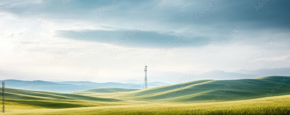 Fototapeta premium A serene landscape featuring rolling green hills under a cloudy sky, highlighting a tower in the distance.