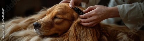 Closeup of a groomer brushing a longhaired dog s coat, soft lighting, ultrarealistic detail of fur texture, hands, and caring attention