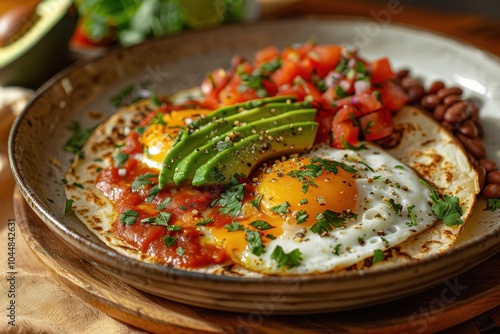 A dish of huevos rancheros, with fried eggs on corn tortillas topped with a tomato-chili sauce, served with refried beans and sliced avocado