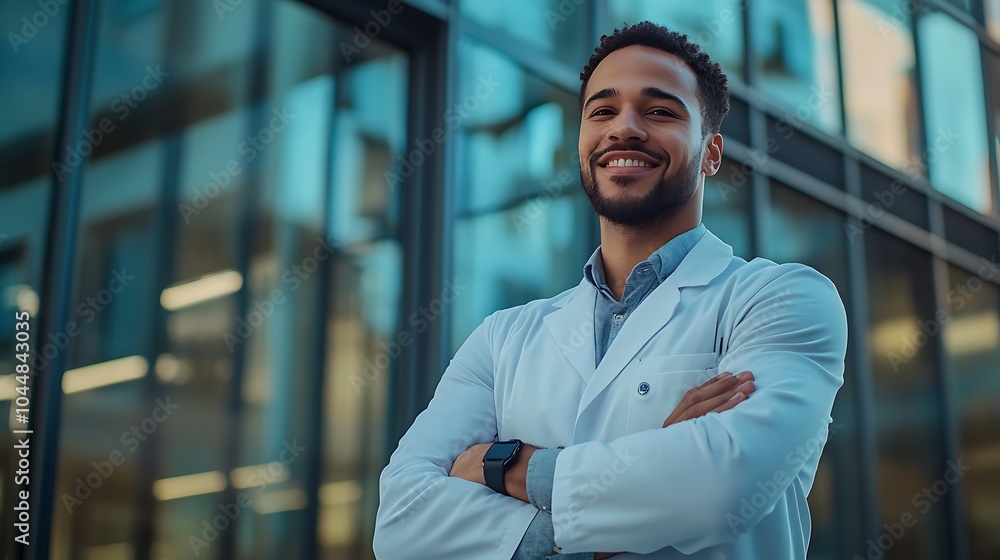 Close-up photo of a young smiling and successful male doctor and scientist standing proudly outside a medical building with his arms crossed on his chest and looking to the side Close-up photo of a young smiling and successful male doctor and scientist standing proudly outside a medical building with his arms crossed on his chest and looking to the side