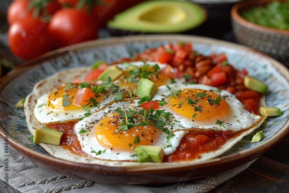 A dish of huevos rancheros, with fried eggs on corn tortillas topped with a tomato-chili sauce, served with refried beans and sliced avocado A dish of huevos rancheros, with fried eggs on corn tortillas topped with a tomato-chili sauce, served with refried beans and sliced avocado