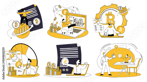 Crypto education. Individuals engaging with digital currencies, analyzing trends, working with blockchain technology and learning about investments. Ideal for beginners experts investors blockchain